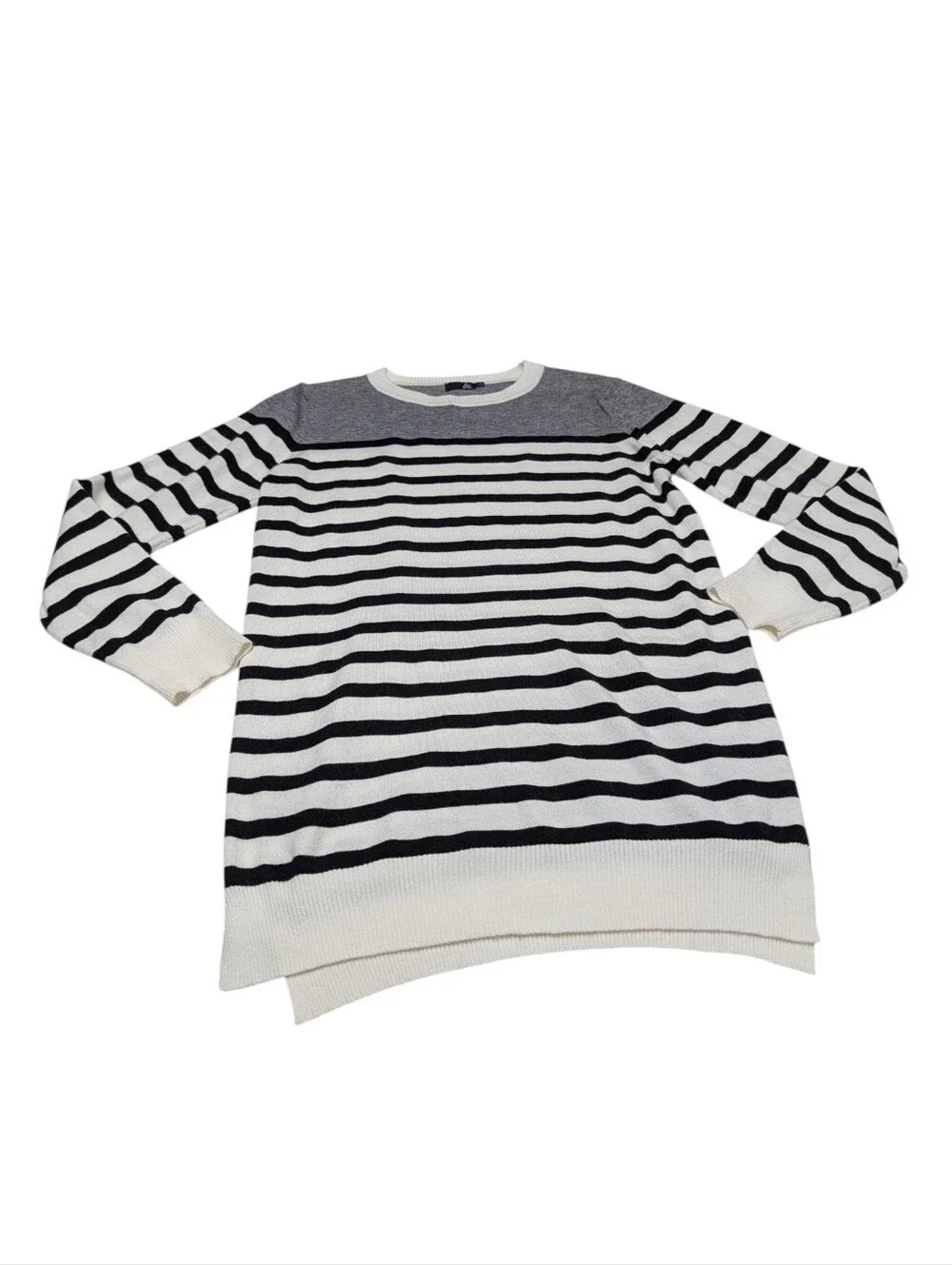 & Women's Colorblock Striped Crewneck Sweater White Black Gray Side Slit Size L